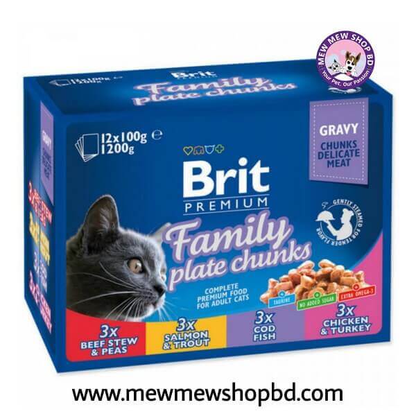 Brit Premium Cat Pouches Family Plate || Chicken & Turkey, Beef Stew & Peas, Cod Fish, Salmon & Trout || 100gm X12 (1 Box)