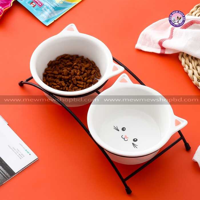 Cat Shape Ceramic Food Bowl Double Food & Water Bowl for Pet Cat & Puppy