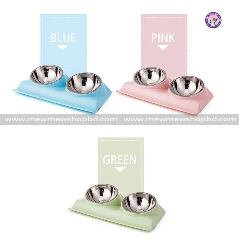 Double Pet Cat & Dog Food Bowl with Metal Stand Raised 15 Degree Tilted