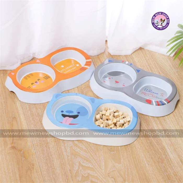 Cartoon Printed Square Circle Melamine Pet Cat & Puppy Double Food Bowl