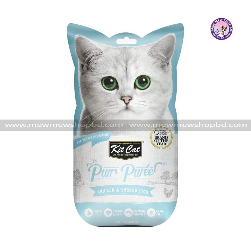 Grain Free Kit Cat Purr Puree KitCat Cat Treats Chicken & Smoked Fish 4 x 15 g