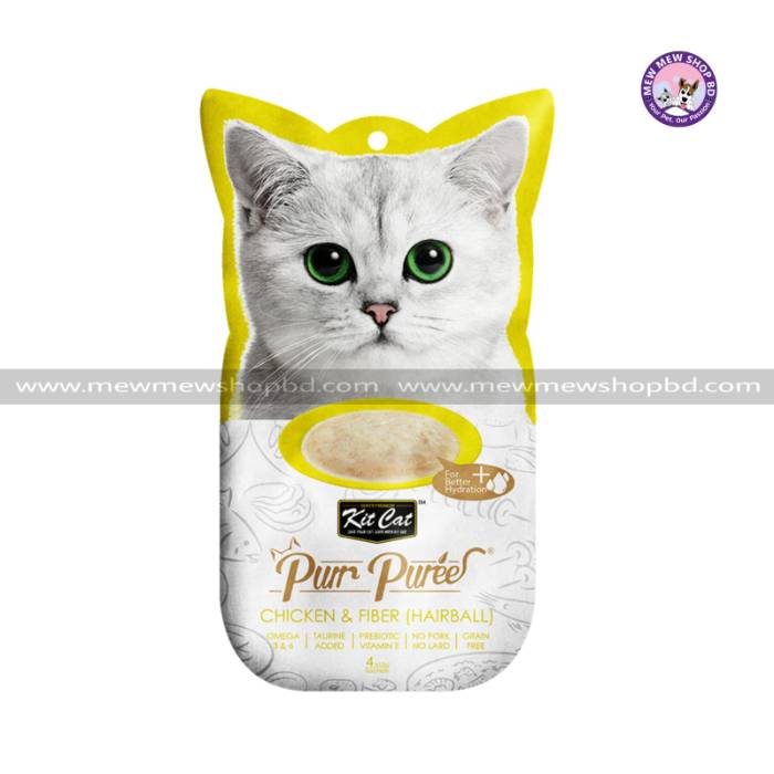 Grain Free Kit Cat Purr Puree KitCat Cat Treats Chicken & Fiber Hairball 4x15g