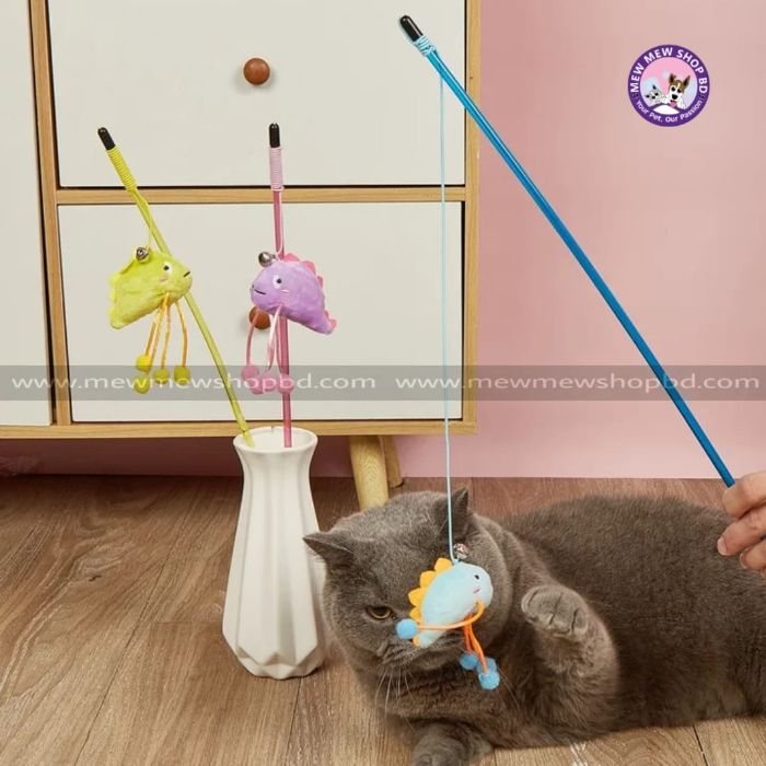 Funny Face Dragon Fish with Four Plush Ball Plastic Teaser for Pet Cat