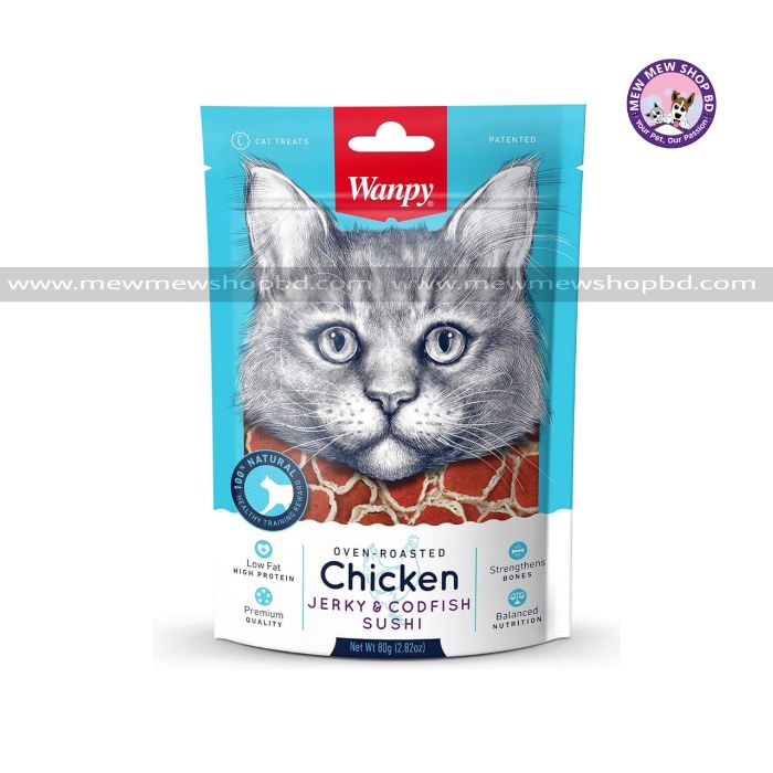 Wanpy Oven-Roasted Chicken Jerky and Codfish Sushi  for Cats 80g