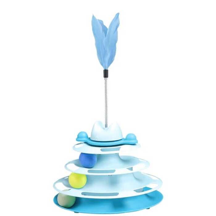 Pet Cat Toy Four-tier Turnable Roller Balls Tower Toy with Feather