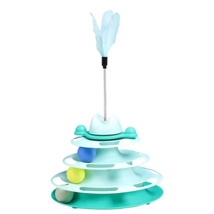 Pet Cat Toy Four-tier Turnable Roller Balls Tower Toy with Feather