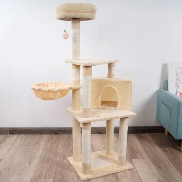 4 Tier Cat Scratching Platform Post Wooden Shelf Board Scratcher Round Hammock Cat Tree with Plush Ball