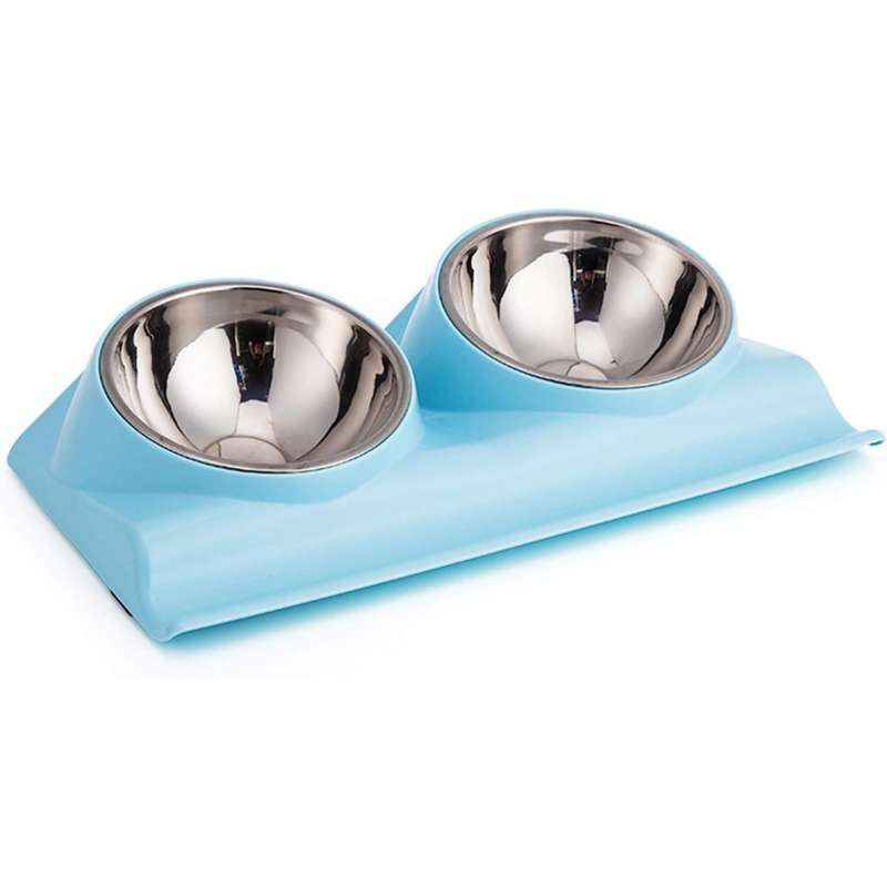 Double Pet Cat & Dog Food Bowl with Metal Stand Raised 15 Degree Tilted