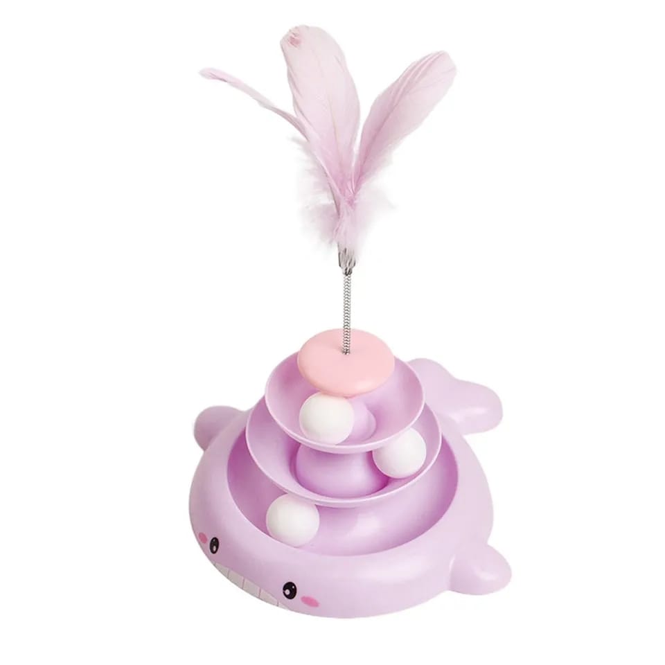 3Tier Turnable Disk Tower Toy with Feather Fish Design Basement for Pet Cat