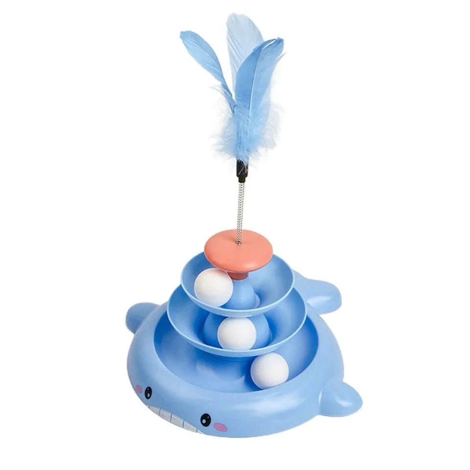 3Tier Turnable Disk Tower Toy with Feather Fish Design Basement for Pet Cat