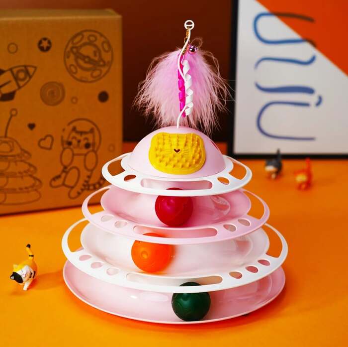 4Tier Turnable Tower  Toy with Feather Stand & catnip Powder Holder for Pet Cat-(1Pcs)