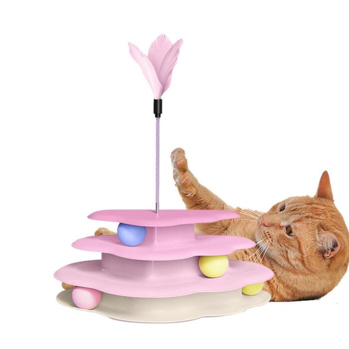 Wink Honey Diagonal Shape Cat Turnable Ball Multi-level Tower Toy with Feather Cat Ball Track Toy