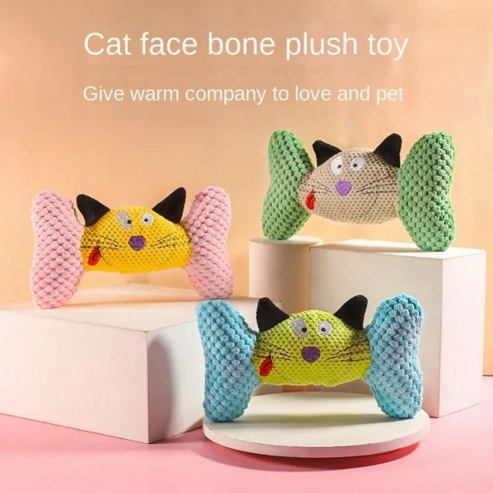 Cat Face Bone Plush Dog Chew Toys for Pets