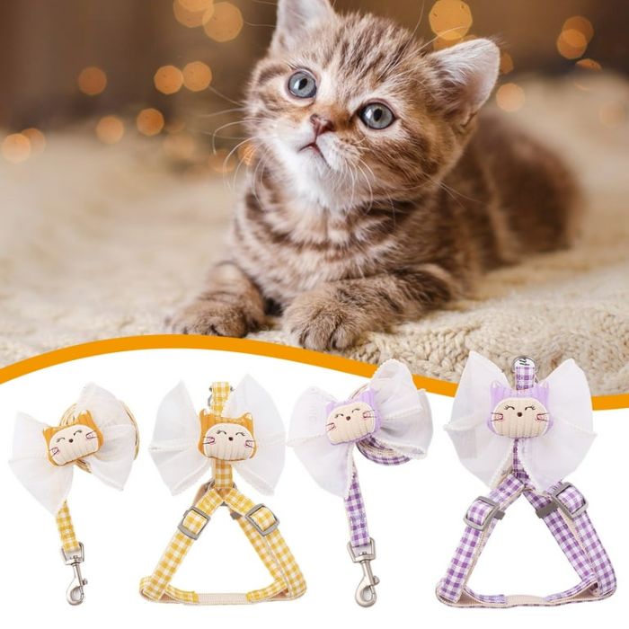 Medium Sized Check Printed Bow Knot Cartoon Harness for Pet Cat & Puppy