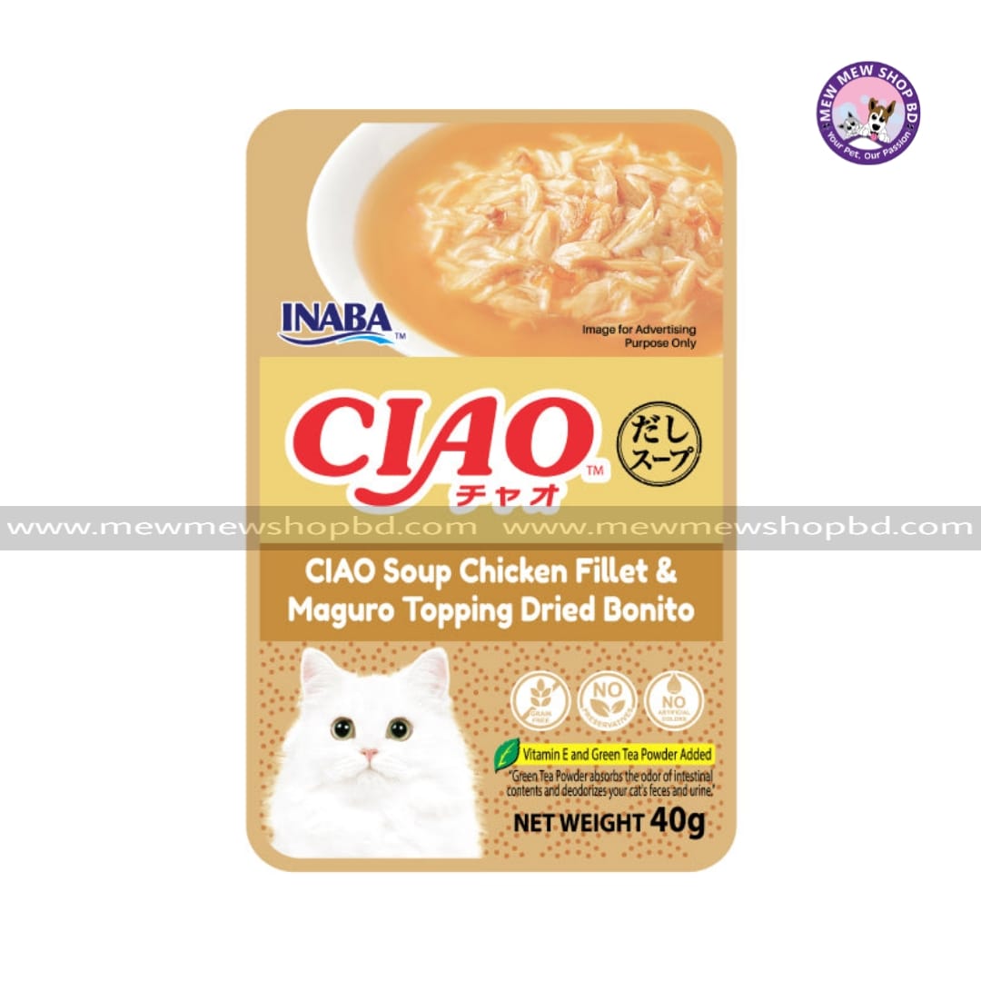 CIAO Cat Pouch Soup Chicken Fillet & Maguro Topping Dried Bonito 40g