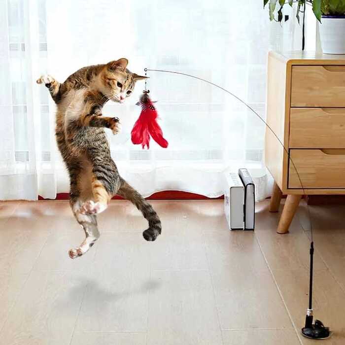 Red Cat Feather Toy Suction Cup Kitten Feather Teaser Toy Stick Swing Interactive Cat Toys