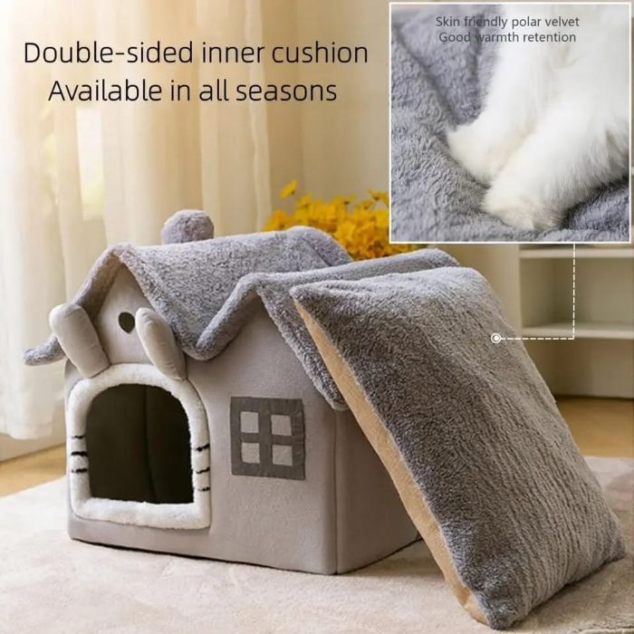 Foldable Double Roof Cat House Winter Comfort, Detachable & Washable  for Small Dogs & Cats