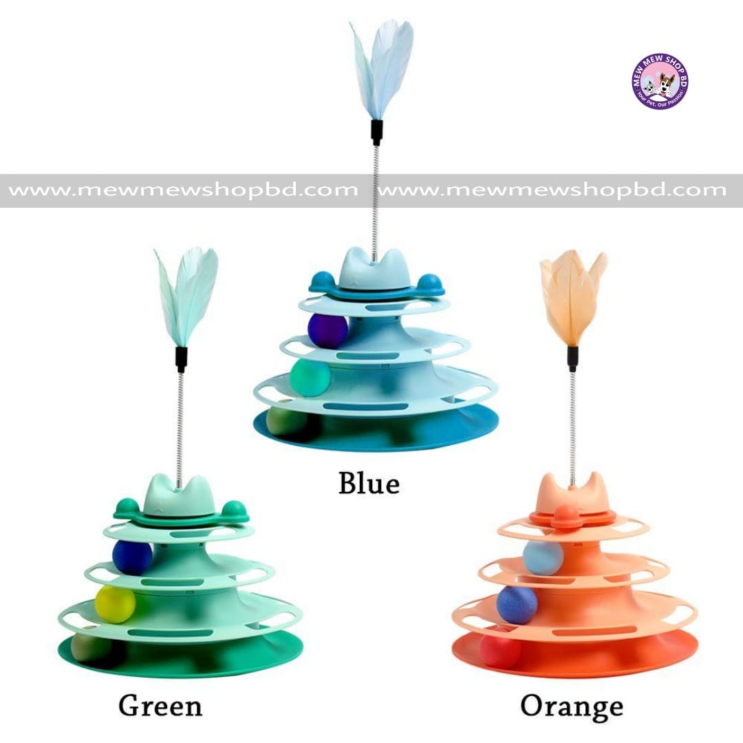 Pet Cat Toy Four-tier Turnable Roller Balls Tower Toy with Feather