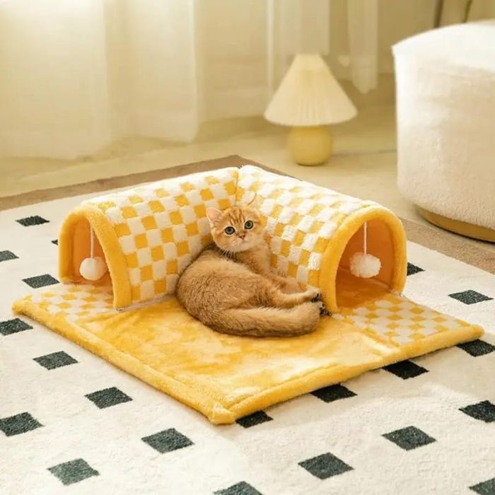 Multi purpose Pet Cat Tunnel 2 In 1 Extensible Tunnel Bed House for Cat with Hanging Plush Toy