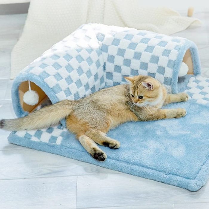 Multi purpose Pet Cat Tunnel 2 In 1 Extensible Tunnel Bed House for Cat with Hanging Plush Toy