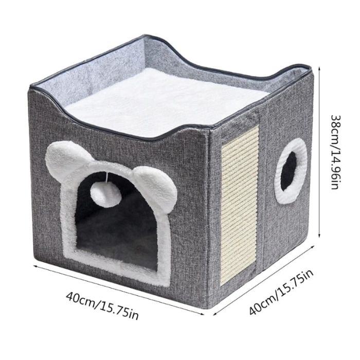 Cartoon Design Foldable Double Decker Pet Cat & Dog Stool House with Scratching Pad