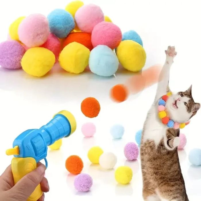 20pcs Cat Plush Ball with Toy Gun Plush Ball Firing Gun Teaser for Pet Cat