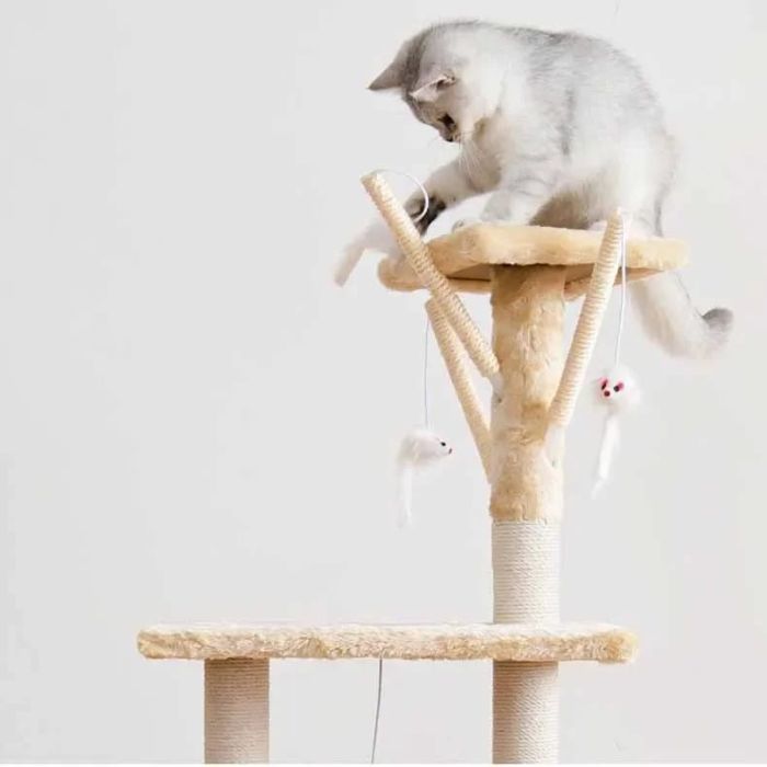 Pet Cat Scratching Post / Tree with Hammock & Stair Having 3pcs Sisal Stick Mouse on Top