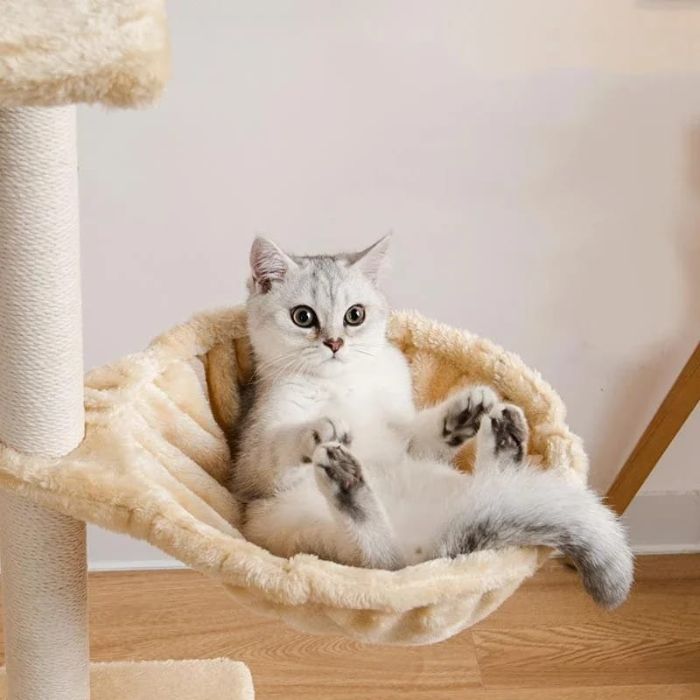 Pet Cat Scratching Post / Tree with Hammock & Stair Having 3pcs Sisal Stick Mouse on Top