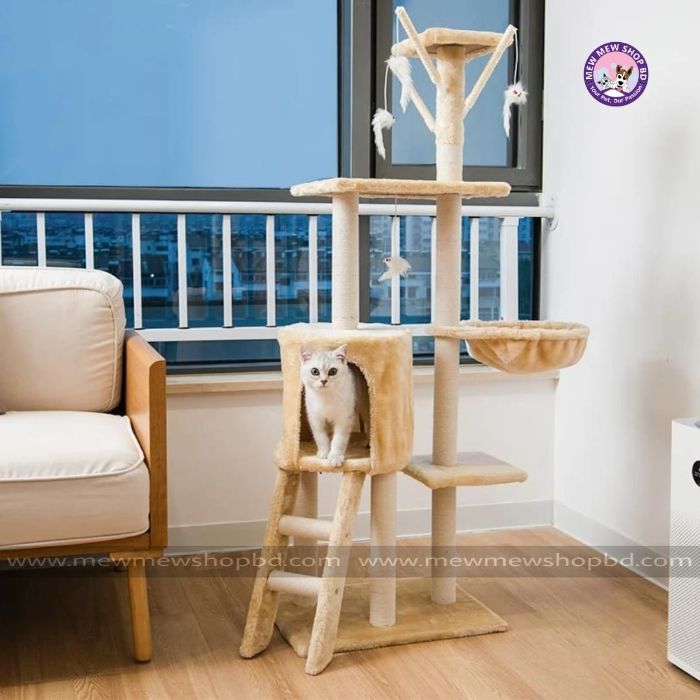 Pet Cat Scratching Post / Tree with Hammock & Stair Having 3pcs Sisal Stick Mouse on Top