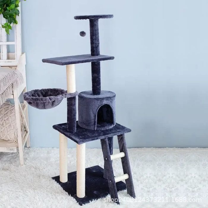 Pet Cat Scratching Post / Tree with Hammock & Stair Having 3pcs Sisal Stick Mouse on Top