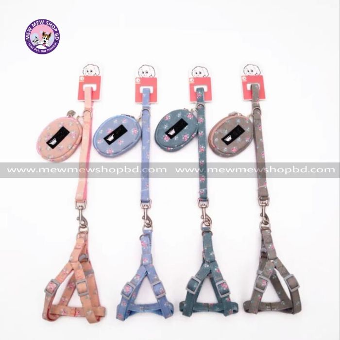 Floral Printed Premium Denim Fabric Harness with Leash for Pet Cat & Puppy