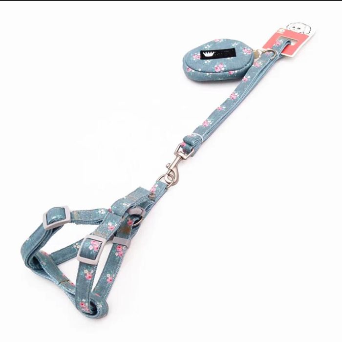 Floral Printed Premium Denim Fabric Harness with Leash for Pet Cat & Puppy