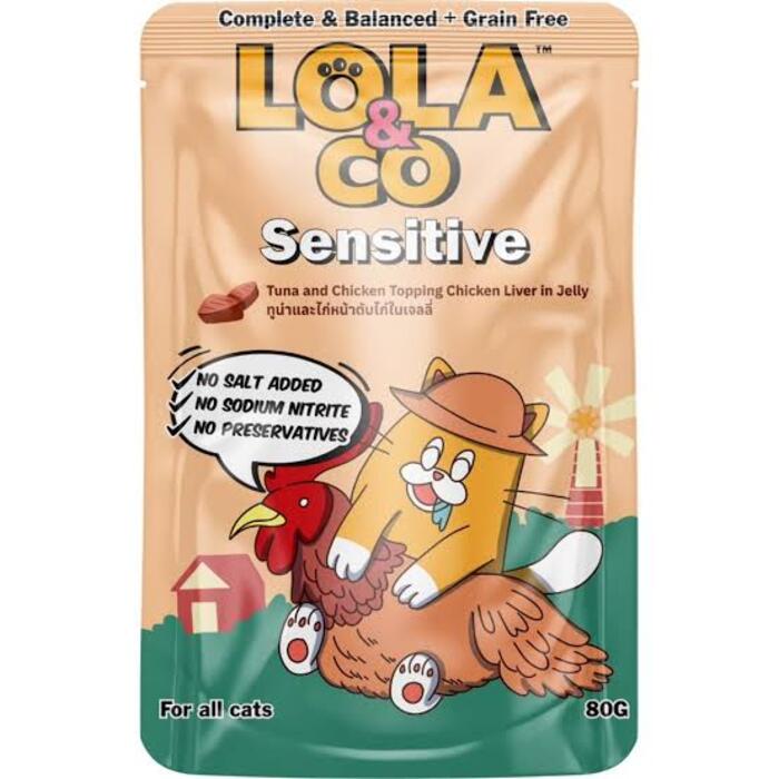 Lola & Co SENSITIVE Pouch Tuna & Chicken Topping Chicken Liver in Jelly for All Cats 80gm