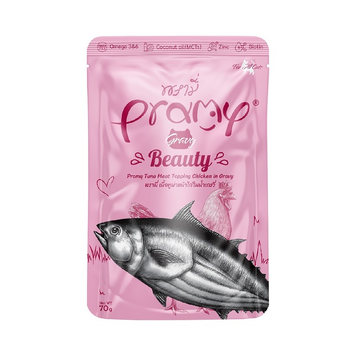 Pramy BEAUTY Pouch Tuna Meat Topping Chicken Meat in Gravy for All Cats 70gm