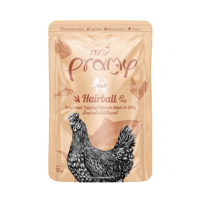 Pramy HAIRBALL Pouch Tuna Meat Topping Chicken Meat in Jelly for Adult 70gm