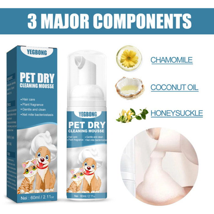 YEGBONG Waterless Cat Foam Dry Shampoo No Rinse Dogs Cats Cleaning Mousse Pet Grooming Supplies For Safe Bathless Cleaning Odor Eliminator 60ml