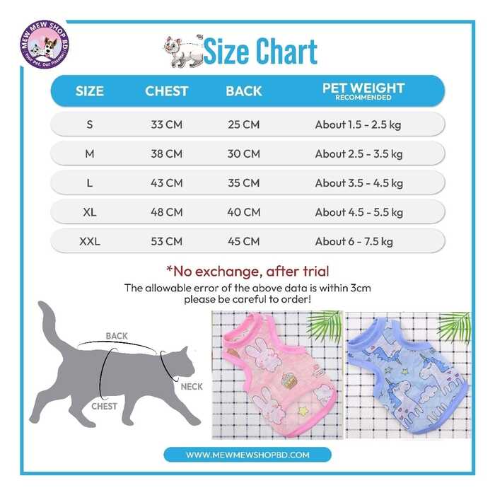 Soft Cotton Fabric Pet Cat Sleeveless Dress / Tshirt for Summer & Easy to Wear ( No Exchange)