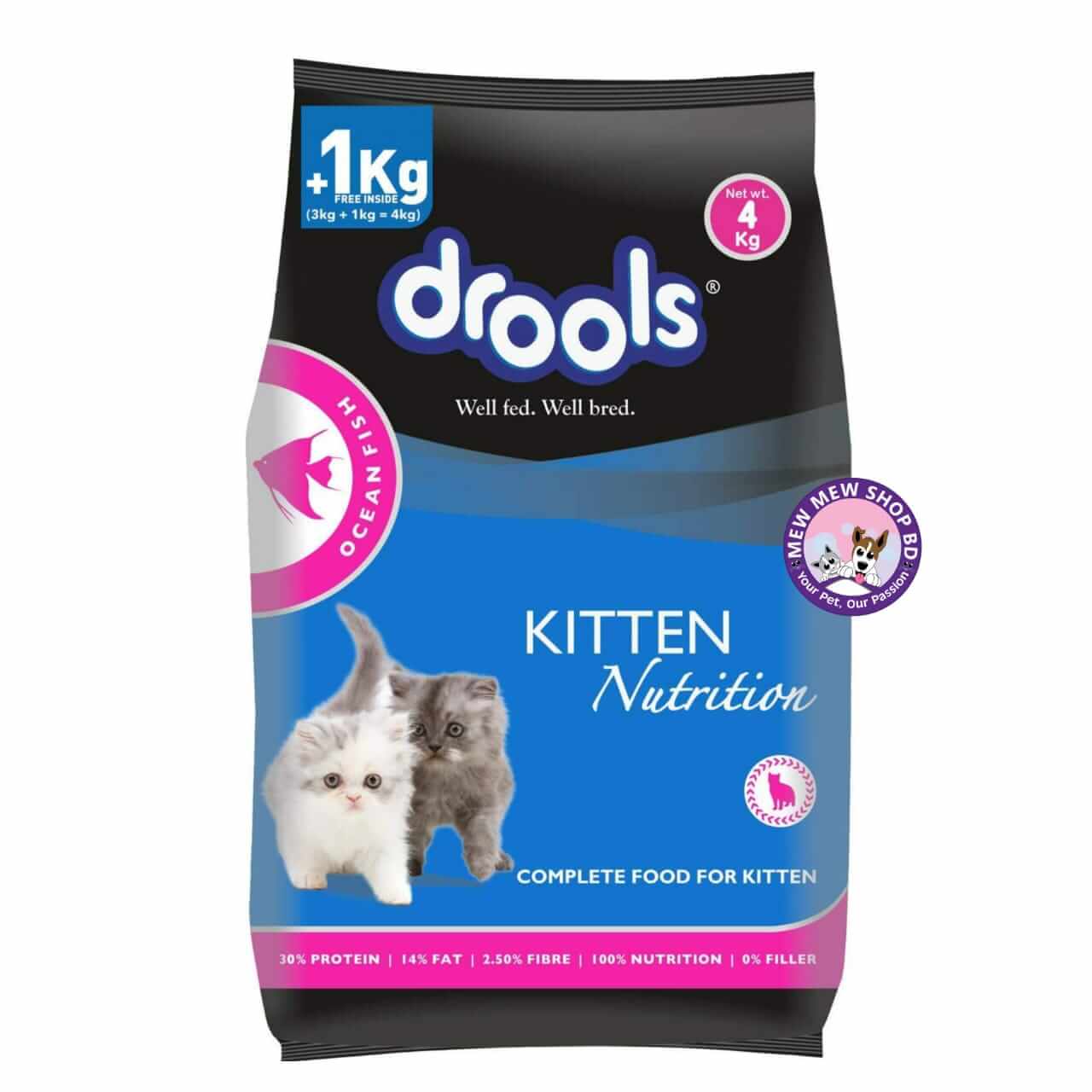 Drools Kitten Dry Cat Food, Ocean Fish 4kg (3kg + 1kg Food Free)