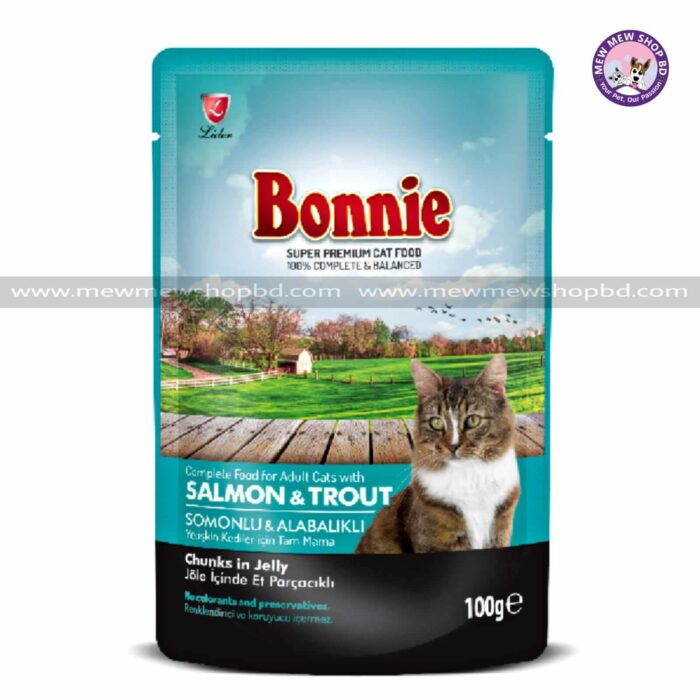 Bonnie adult pouch cat food Salmon and Trout chunks in jelly 100g