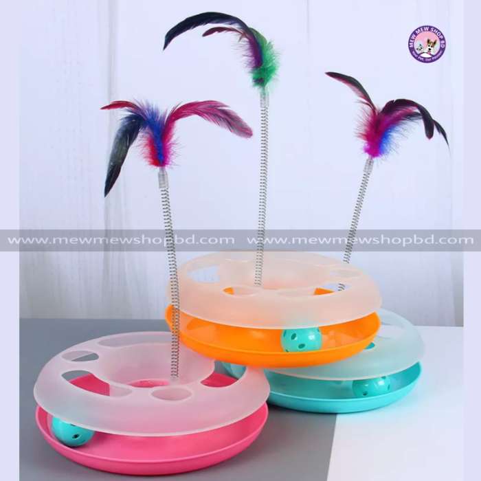 Pet Cat Round Turnable Disk Toy with Spring Feather
