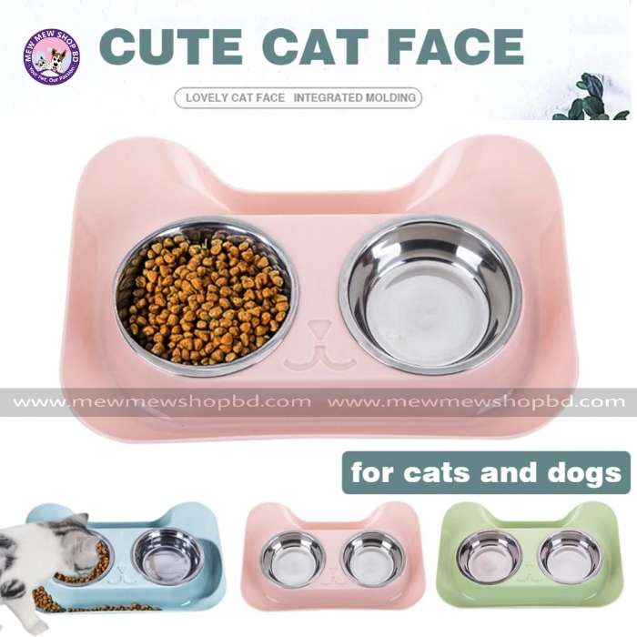 Cute Cat Face Steel Foodbowl with Plastic Base for Pet Cat food Bowl