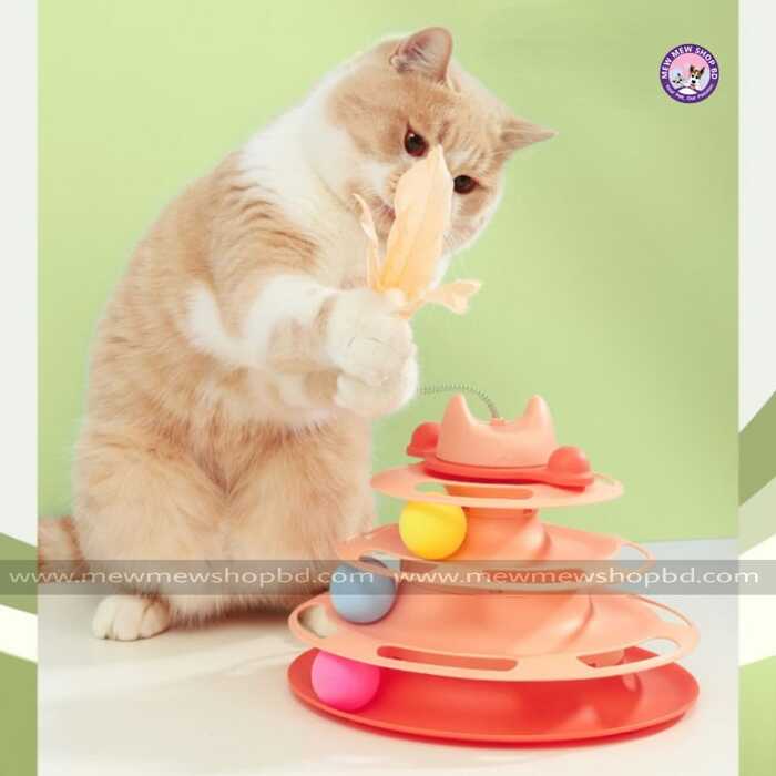 Pet Cat Toy Four-tier Turnable Roller Balls Tower Toy with Feather