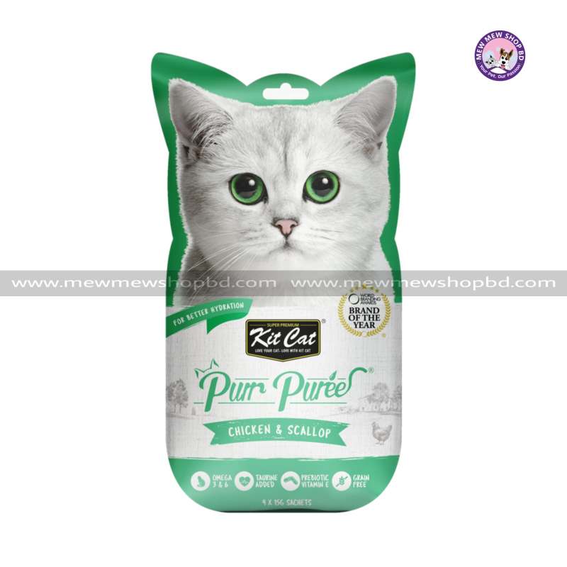 Grain Free Kit Cat Purr Puree KitCat Cat Treats Chicken & Scallop 4x15g