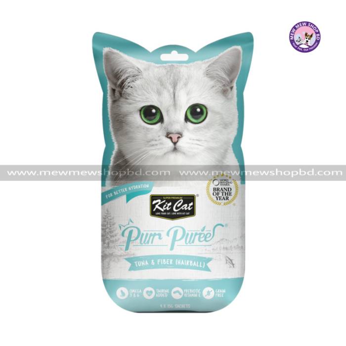 Grain Free Kit Cat Purr Puree KitCat Cat Treats Tuna & Fiber Hairball 4x15g