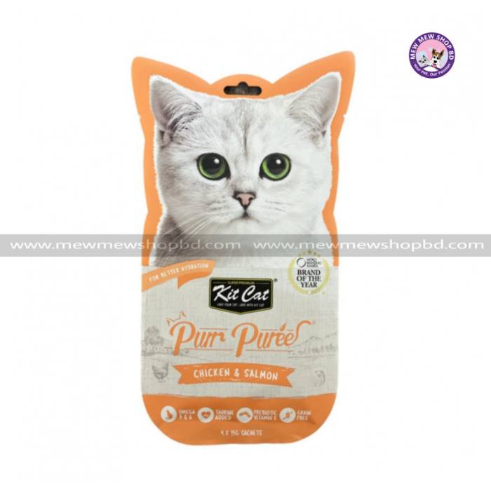 Grain Free Kit Cat Purr Puree KitCat Cat Treats Chicken & Salmon 4x15g