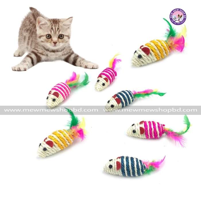 Single Pet Cat Sisal Rope Colorful Mouse Toy with Feather (1pcs)