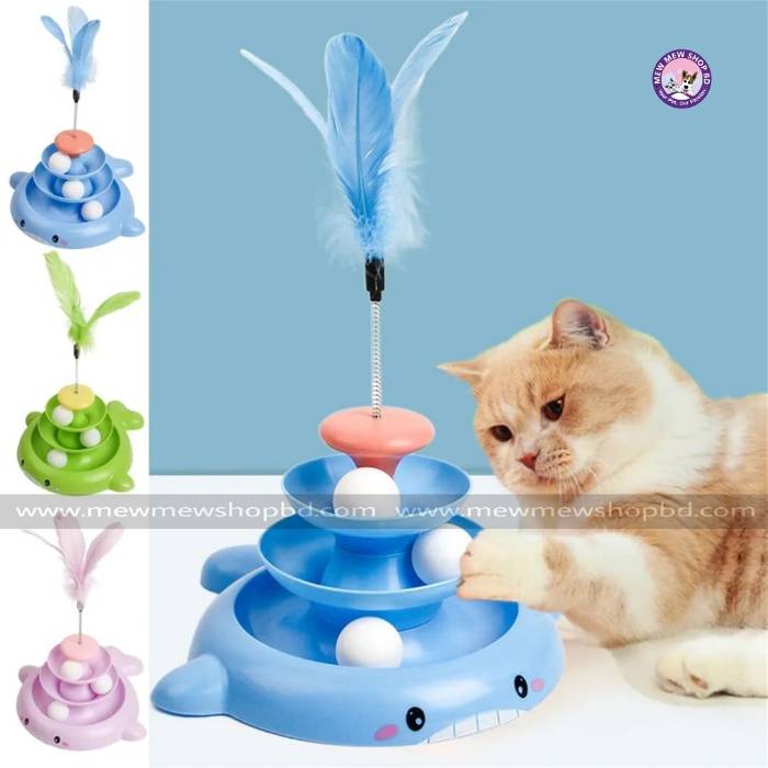 3Tier Turnable Disk Tower Toy with Feather Fish Design Basement for Pet Cat