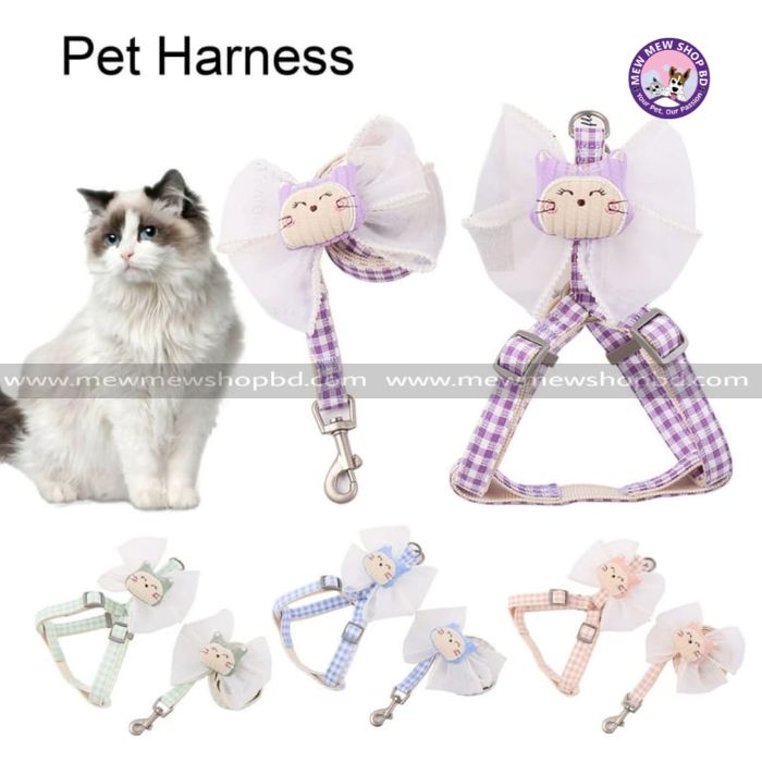 Medium Sized Check Printed Bow Knot Cartoon Harness for Pet Cat & Puppy