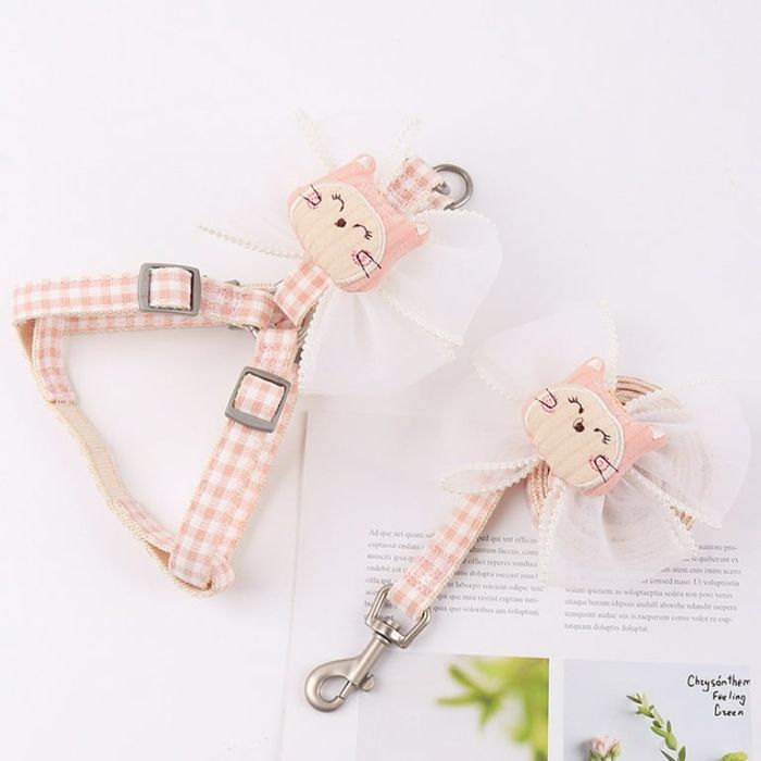 Medium Sized Check Printed Bow Knot Cartoon Harness for Pet Cat & Puppy