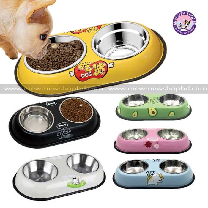 Printed Stainless Steel Double Sided Food & Water Bowl for Pet Cat , Puppy & Dog